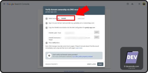 GB 27. Pemilihan metode verifikasi DNS Records memakai CName