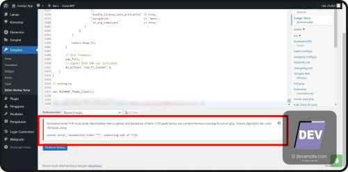GB 42. Pesan kesalahan ketika memasukan Tag HTML ke dalam .functions.php