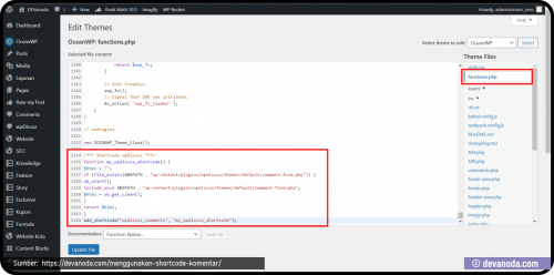 Gambar Shortcode yang ditanamkan dalam functions.php Shortcode Komentar