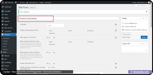 Tampilan form kustom di wpDiscuz Shortcode Komentar
