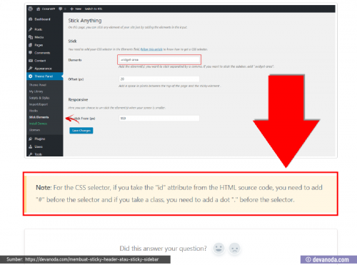 Tanda tagar dan dot ketika menambahkan selector Sticky Header
