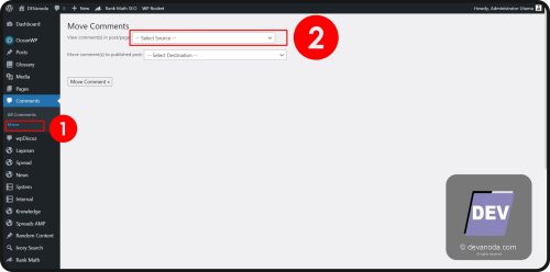 01. Pilih menu Move di bawah menu komentar Plugin Move Comments dari Apostolos Dountsis