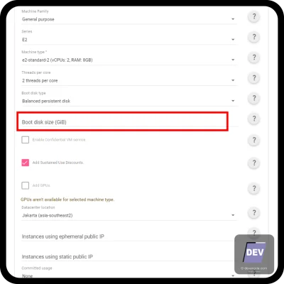 Boot Disk size (GiB) pada Google Cloud