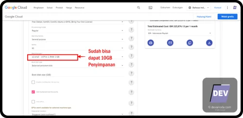 E2-Small sudah mendapatkan 10GB Storage secara default