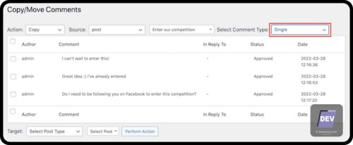 1.1.2-B. Tidak ada pilihan komentar individual yang bisa di pindahkan- Plugin- Copy or Move Comments, by biztechc - Memindahkan Komentar WordPress