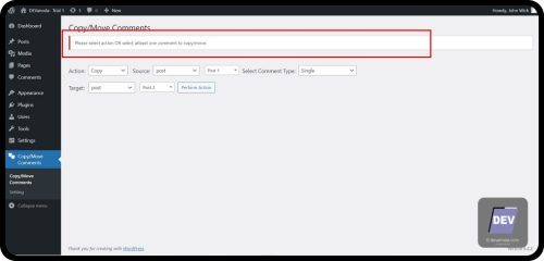 1.1.3. Please select action OR select atleast one comment to copy or move- Plugin- Copy or Move Comments, by biztechc - Memindahkan Komentar WordPress