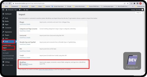 Install importer WordPress