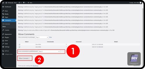 3.3.4. Pilih halaman tujuan - Memindahkan Komentar WordPress