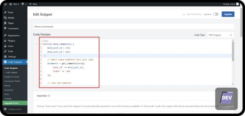 4.1.5. Memasukan kode melalui WP Code - Memindahkan Komentar WordPress