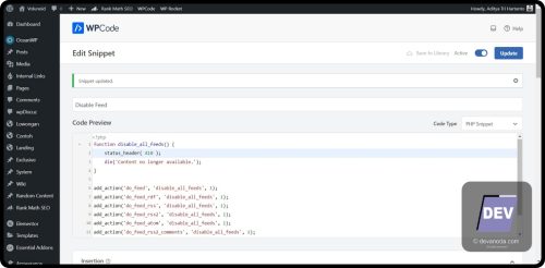 1. Tampilan kode disable feed di function.php