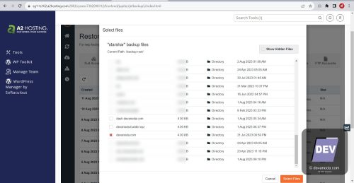 04. Memilih file website yang ingin di restore dengan mencentang pilihan nya Jet Backup 5
