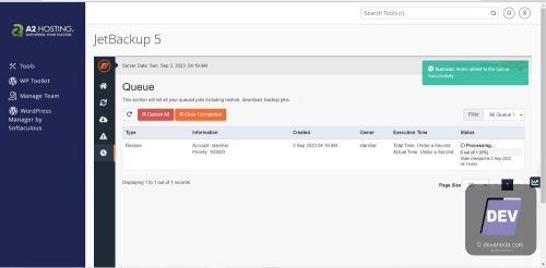 07. Tampilan antrian queue setelah file di restore Jet Backup 5