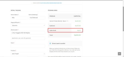 Tampilan kode acak 3 digit yang ditambahkan pada halaman Checkout
