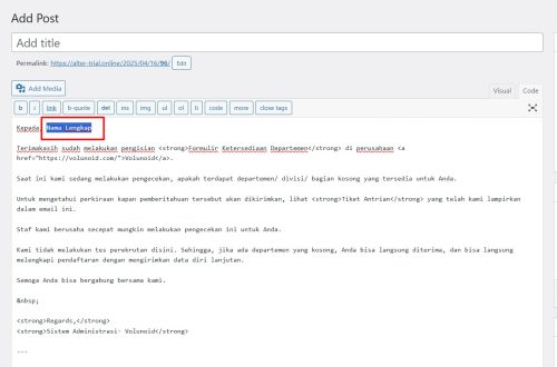 2. Teks yang di blok di visual editor akan tetap ter blok di code editor