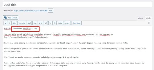 3. Kode ditambahkan pada merge tag teks