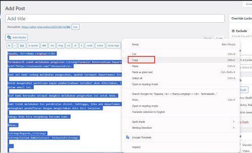 4. Salin semua kode dalam visual editor