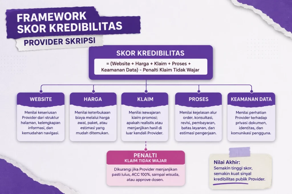 9 1. Framework Skor Kredibilitas Provider Skripsi 20 Provider Jasa Skripsi Terpercaya dan Tidak Terpercaya Berdasarkan Sinyal Kredibilitas Publik Framework penilaian Joki Skripsi Terpercaya berdasarkan website, harga, klaim, proses, keamanan data, dan penalti klaim tidak wajar.