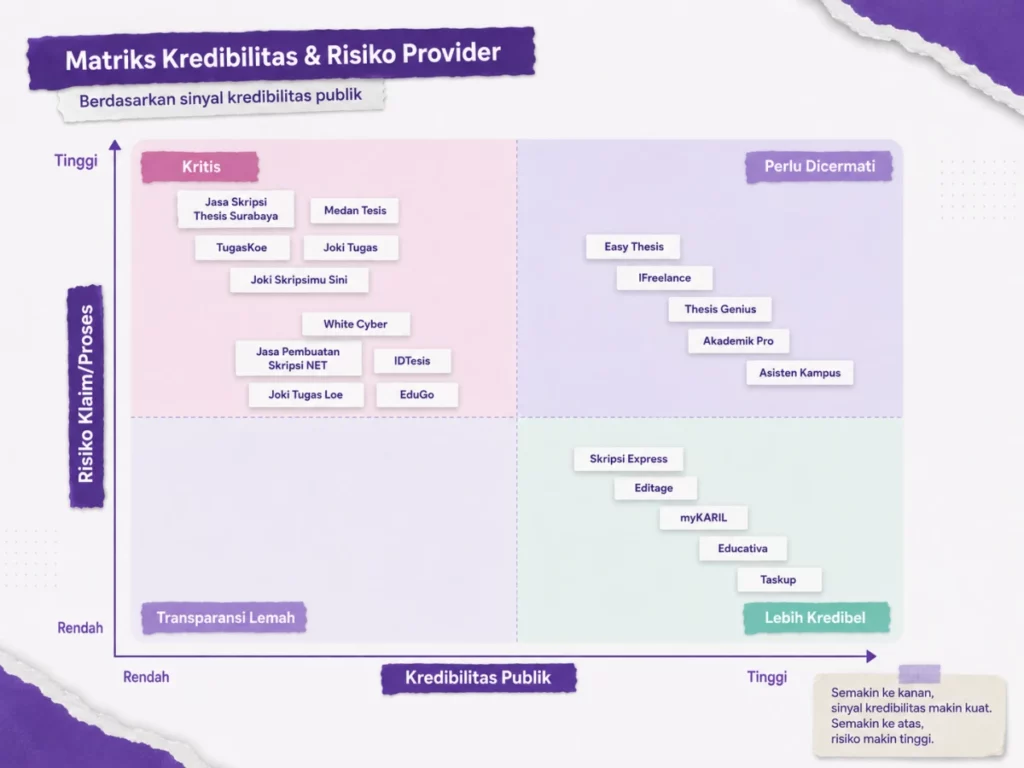 9 2. Matriks Kredibilitas dan Risiko Provider 20 Provider Jasa Skripsi Terpercaya dan Tidak Terpercaya Berdasarkan Sinyal Kredibilitas Publik Matriks Joki Skripsi Terpercaya yang membandingkan kredibilitas publik dan tingkat risiko 20 provider jasa skripsi.