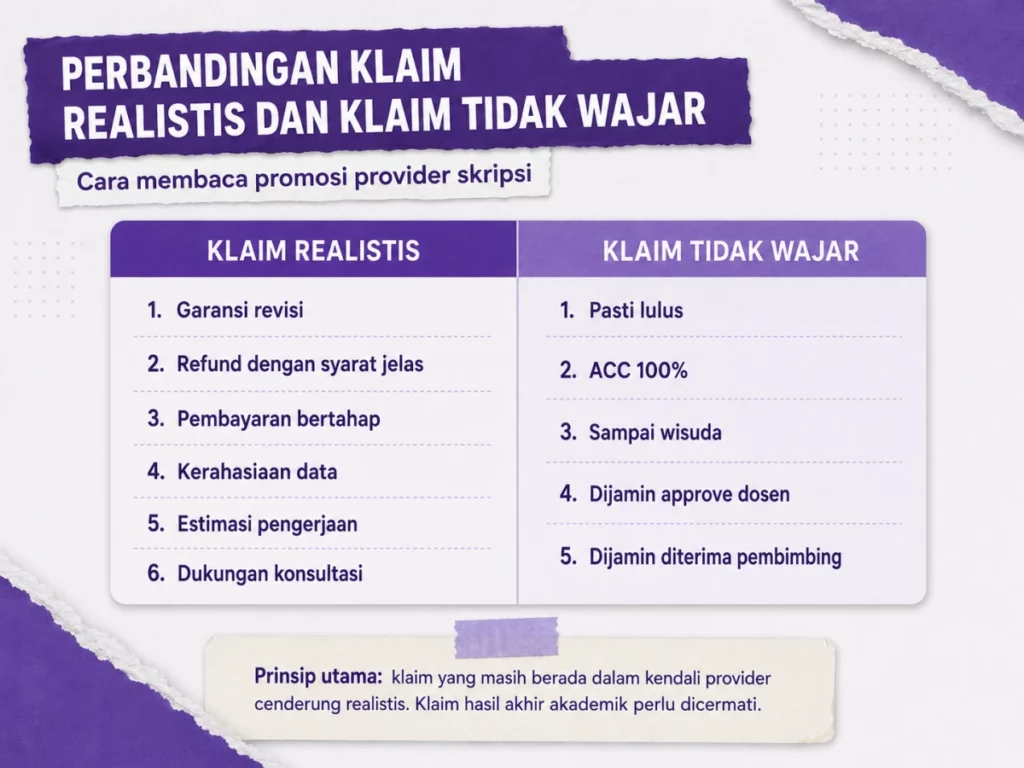 9 3. Perbandingan Klaim Realistis dan Klaim Tidak Wajar 20 Provider Jasa Skripsi Terpercaya dan Tidak Terpercaya Berdasarkan Sinyal Kredibilitas Publik Perbandingan klaim realistis dan klaim tidak wajar dalam memilih Joki Skripsi Terpercaya.